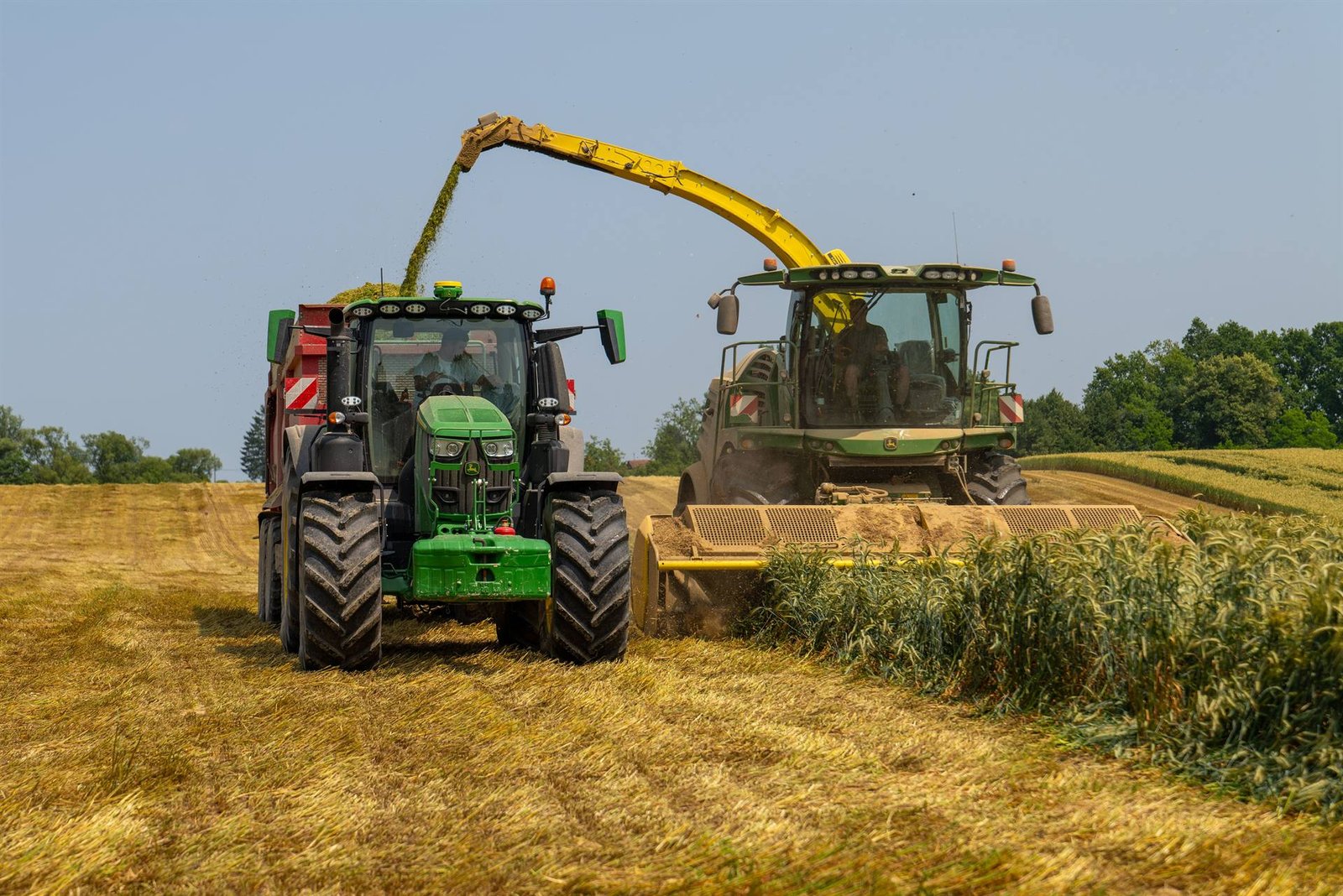Tractor and forage harvester working together in a mown field