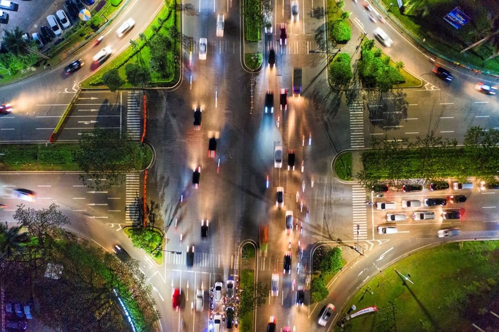 Congested stop-start city traffic at night